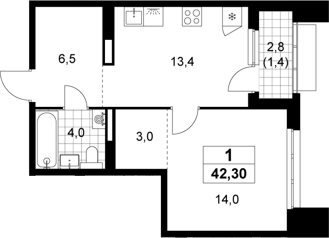 1-комн., 40.9 м², 15/22 этаж, ЖК «Деснаречье»