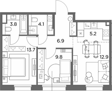 3-комн., 56.4 м², 2/6 этаж, ЖК «Станиславский»