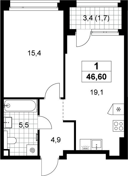 2-комн., 44.9 м², 2/8 этаж, ЖК «Хольм»