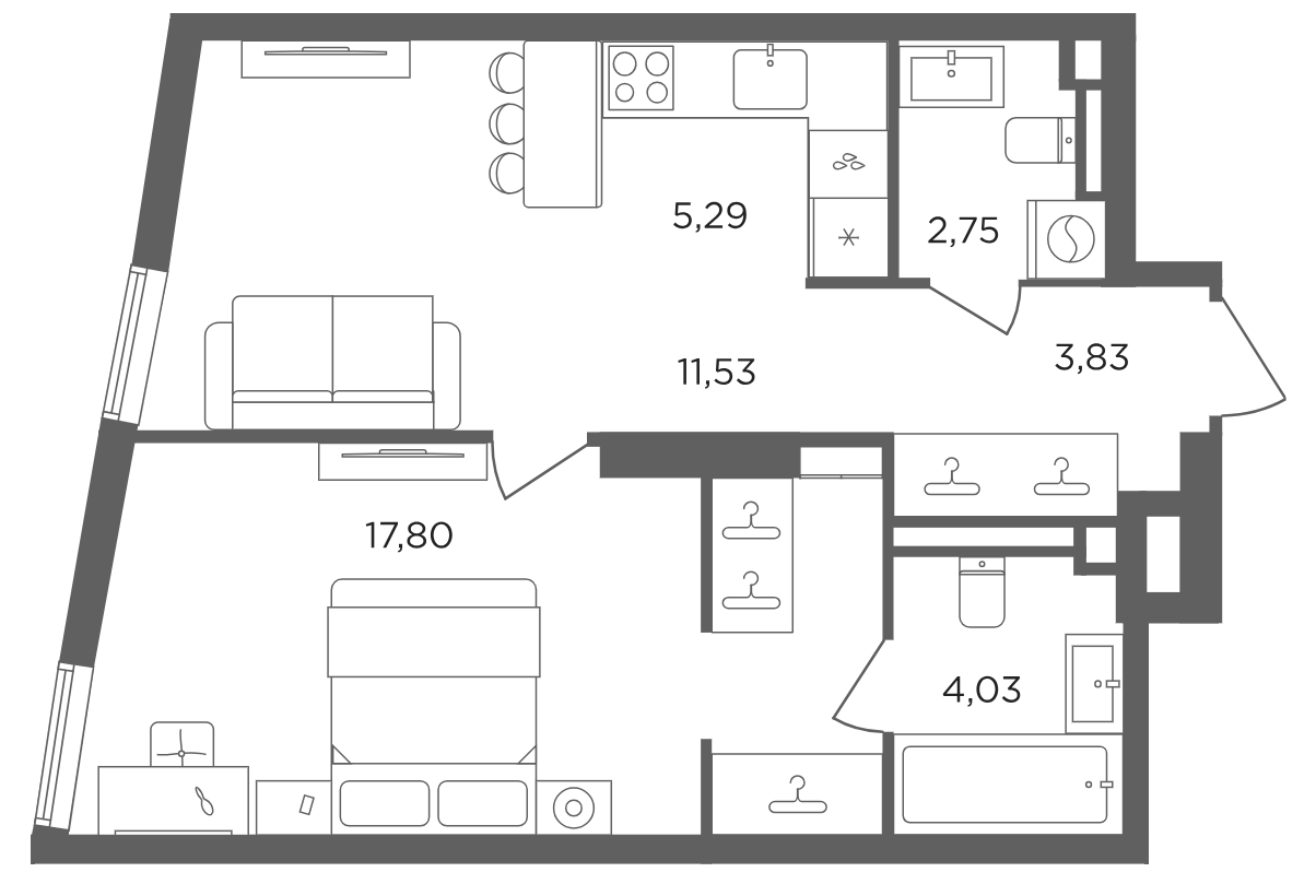 2-комн., 45.23 м², 7/30 этаж, ЖК «Сикрет Гарден»