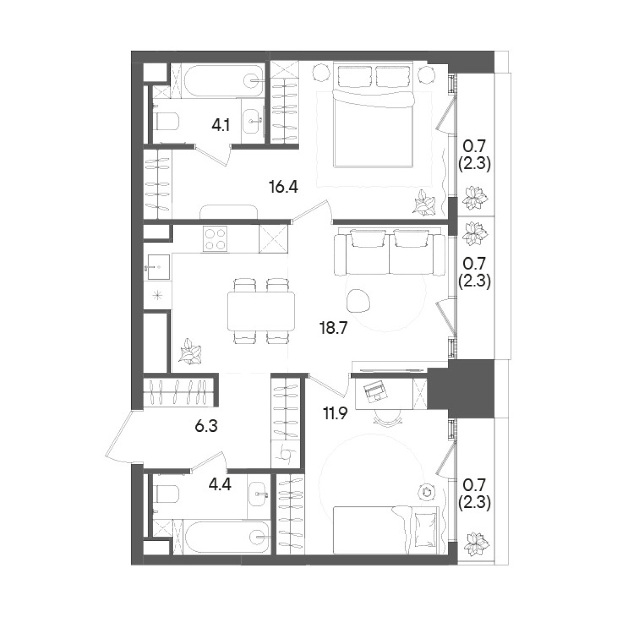 3-комн., 61.8 м², 24/45 этаж, ЖК «СТОУН Грэйн»