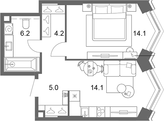 2-комн., 43.4 м², 5/13 этаж, ЖК «ОМ Ботанический»
