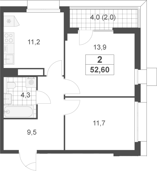 2-комн., 50.6 м², 3/17 этаж, ЖК «Скандинавия»