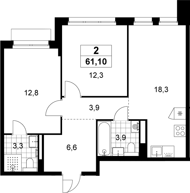 3-комн., 61.1 м², 12/22 этаж, ЖК «Деснаречье»