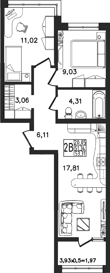 3-комн. квартира, 51.34 м² в ЖК Яблоневый — фото 2