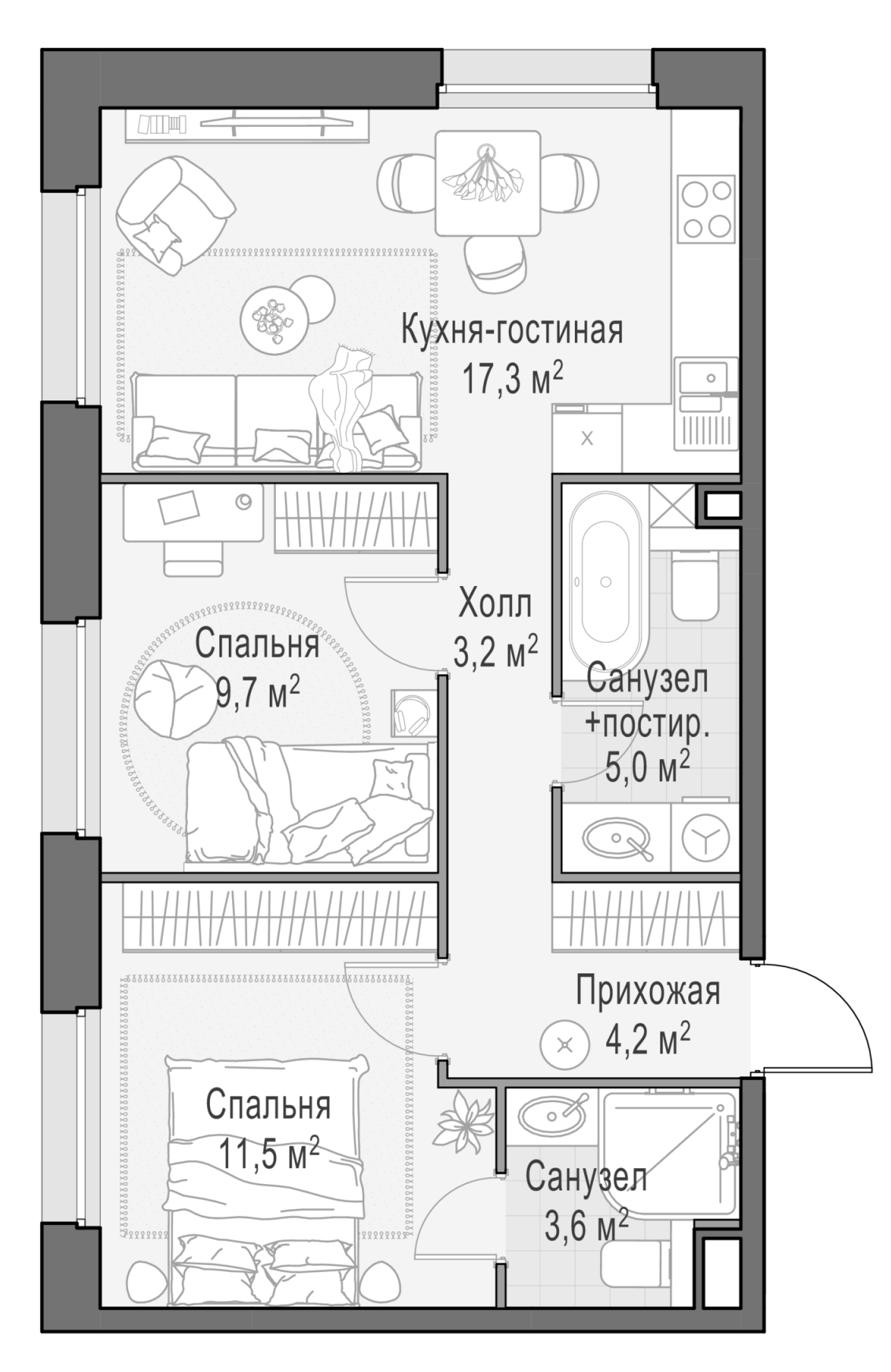 3-комн., 54.4 м², 14/23 этаж, ЖК «Белый Град»