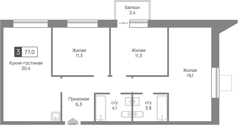 4+ комнаты, 76.3 м², 13/24 этаж, ЖК «Отрада 3»