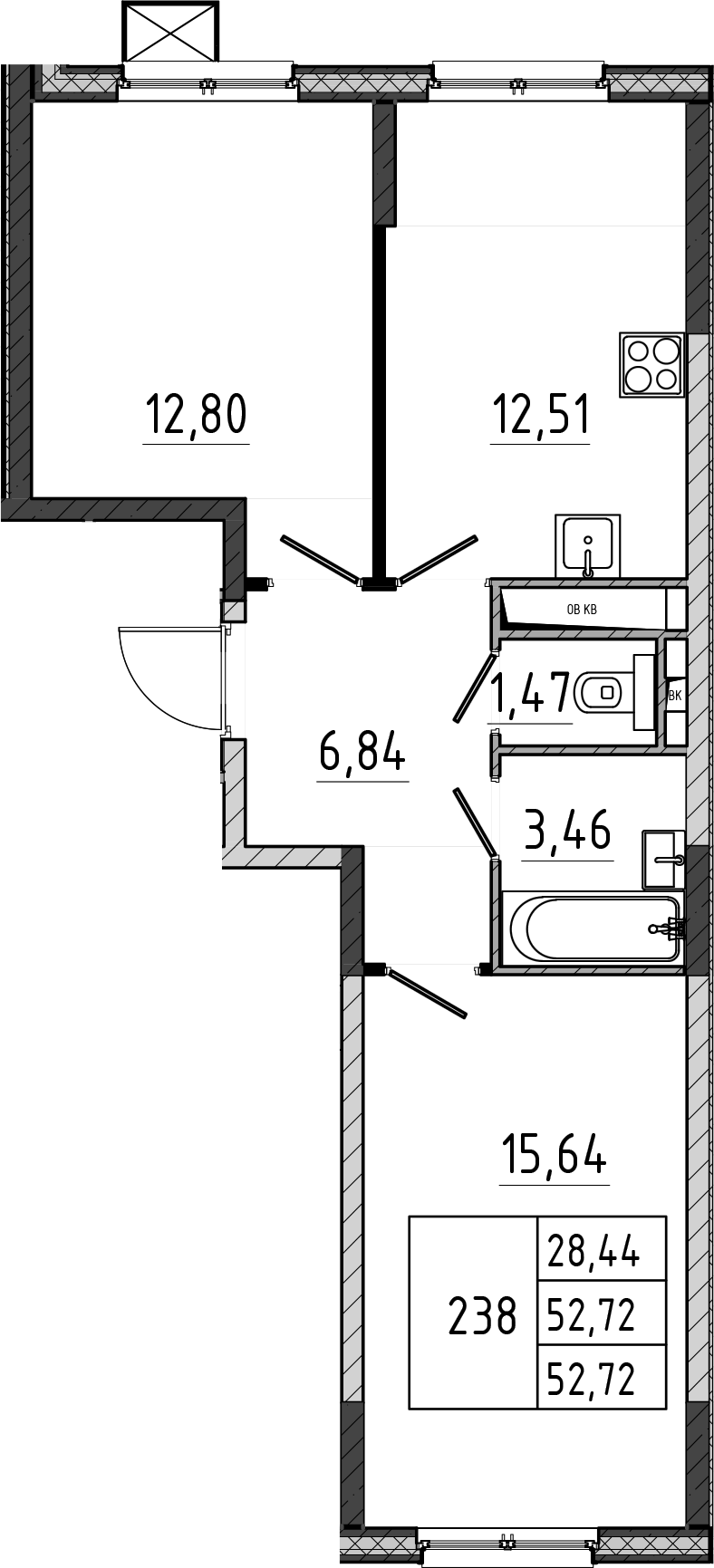 2-комн., 52.72 м², 5/17 этаж, ЖК «Поварово-Молодежный-2»