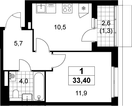 1-комн., 32.1 м², 13/15 этаж, ЖК «Деснаречье»
