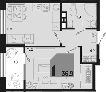 1-комн. квартира, 33.1 м² в ЖК Первое место — фото 2