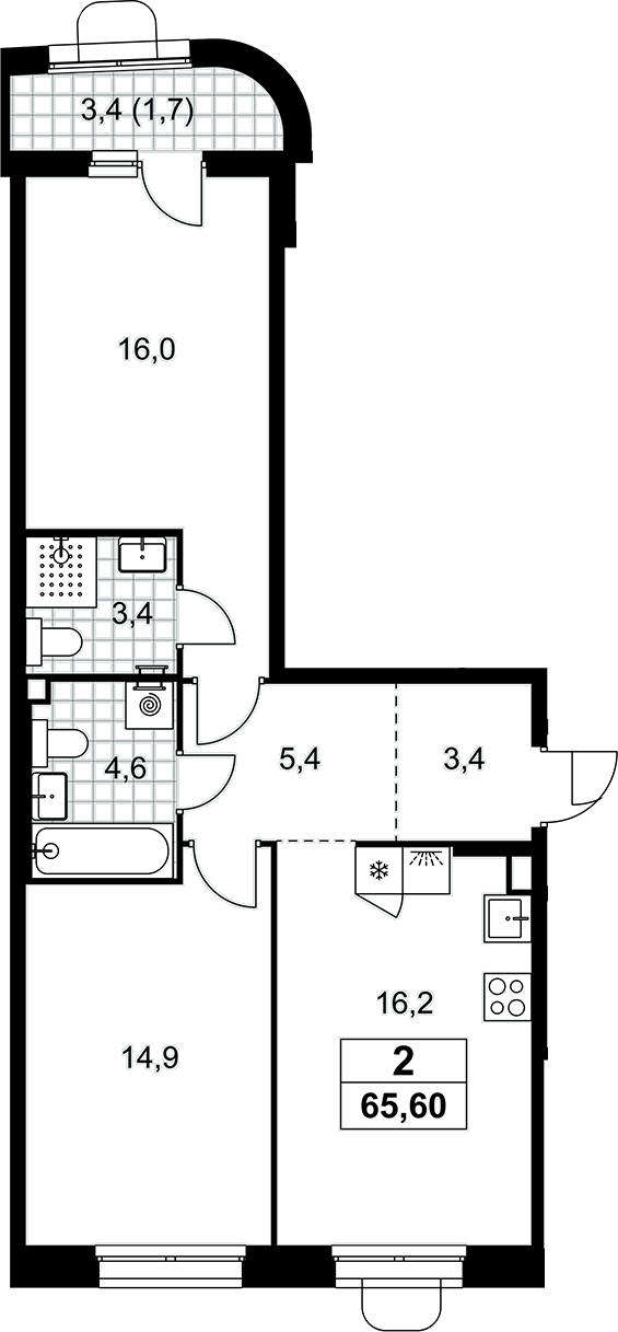 3-комн., 63.9 м², 3/10 этаж, ЖК «Прокшино»