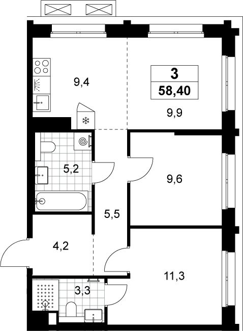 3-комн., 58.4 м², 12/13 этаж, ЖК «Хольм»