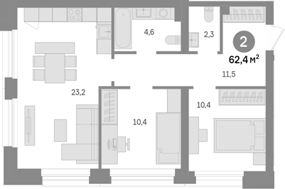 2-комн., 62.4 м², 16/43 этаж, ЖК «Квартал Издание»