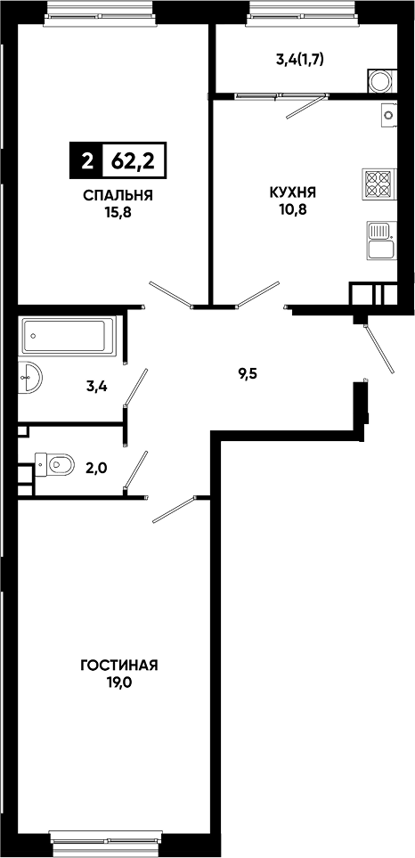 2-комн., 60.5 м², 8/18 этаж, ЖК «Резиденция Софи»