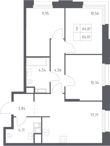 3-комн., 64.61 м², 5/23 этаж, ЖК «Тропарево Парк»