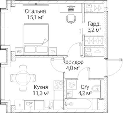 1-комн., 37.75 м², 6/6 этаж, ЖК «СЕЗАР БУДУЩЕЕ»