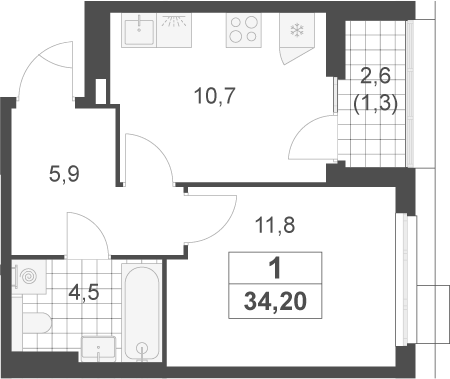 1-комн., 32.9 м², 13/17 этаж, ЖК «Скандинавия»