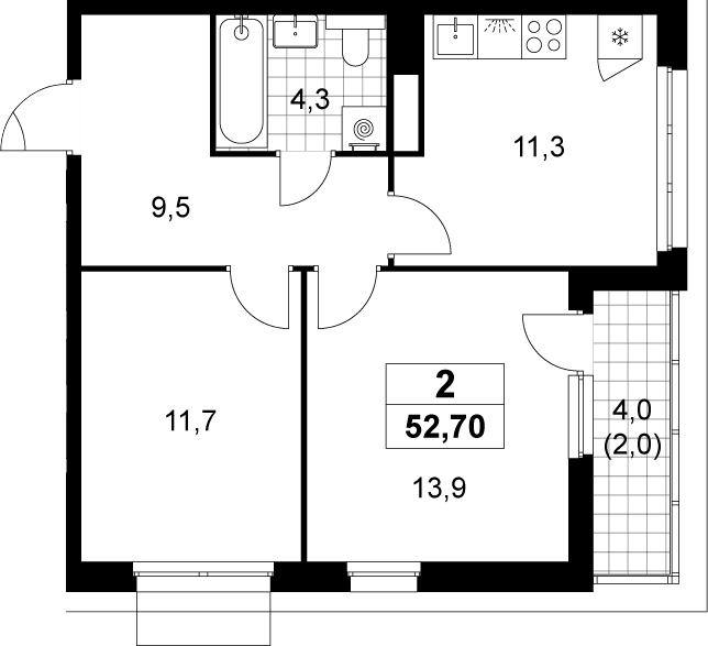 2-комн., 50.7 м², 14/15 этаж, ЖК «Деснаречье»