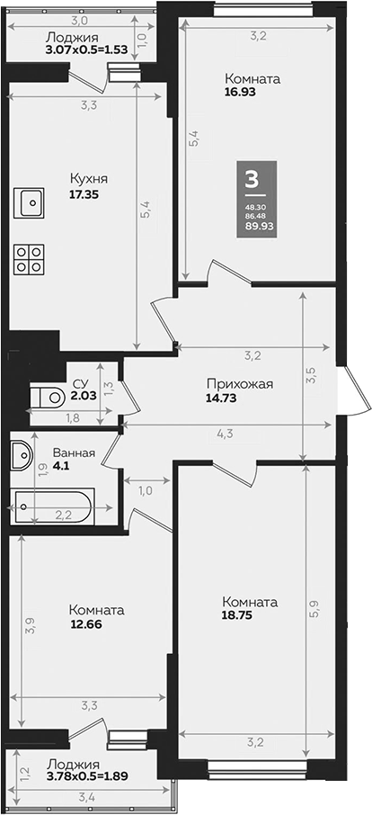 3-комн. квартира, 86.35 м² в ЖК Левада — фото 2