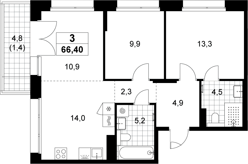 3-комн., 65 м², 13/15 этаж, ЖК «Хольм»