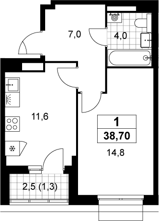 1-комн., 37.4 м², 3/19 этаж, ЖК «Деснаречье»