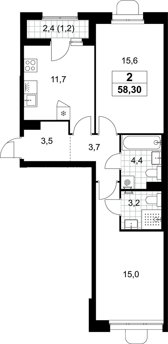 2-комн., 57.1 м², 4/10 этаж, ЖК «Прокшино»