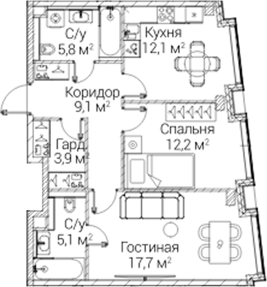 2-комн., 65.9 м², 5/12 этаж, ЖК «СЕЗАР БУДУЩЕЕ»