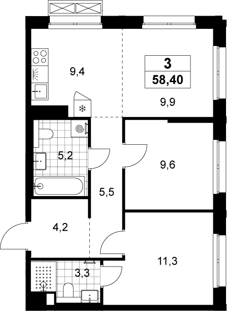 3-комн., 58.4 м², 13/13 этаж, ЖК «Хольм»
