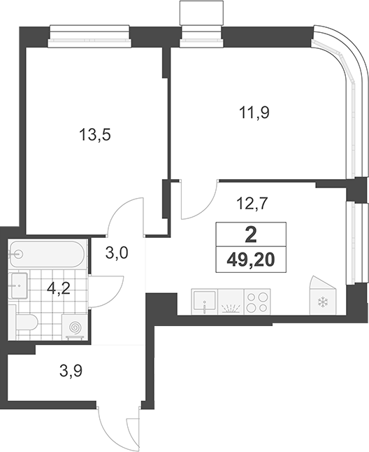 2-комн., 49.2 м², 13/19 этаж, ЖК «Южные сады»