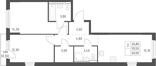 3-комн., 59.5 м², 4/20 этаж, ЖК «Химки Парк»