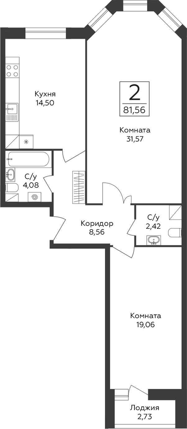 2-комн., 80.19 м², 13/23 этаж, ЖК «Пахра Сити»