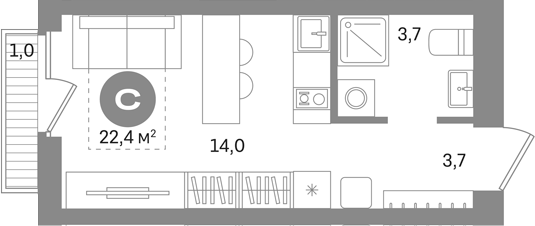 Студия, 21.4 м², 8/17 этаж, ЖК «Первый квартал. Вторая очередь»