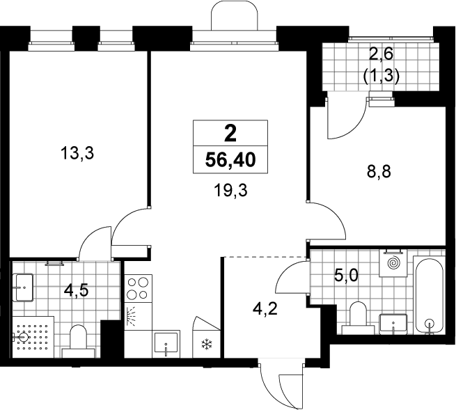 3-комн., 55.1 м², 9/14 этаж, ЖК «Прокшино»