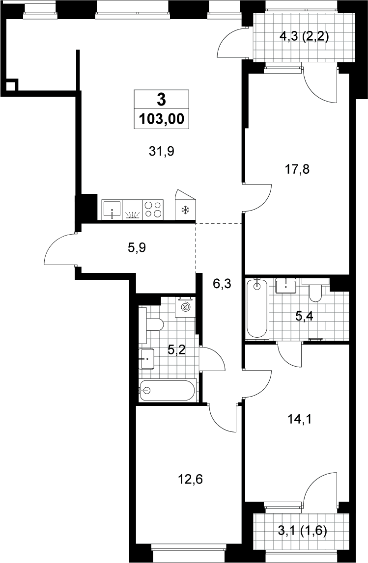 4+ комнаты, 99.2 м², 5/15 этаж, ЖК «Хольм»