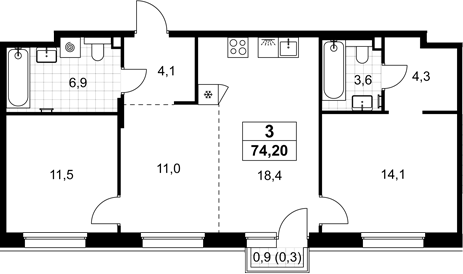 3-комн., 73.9 м², 3/8 этаж, ЖК «Хольм»