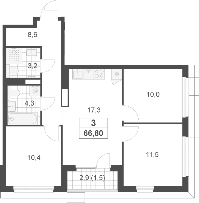 4+ комнаты, 65.3 м², 14/17 этаж, ЖК «Скандинавия»