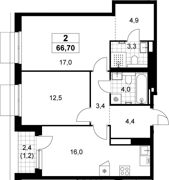 3-комн., 65.5 м², 15/15 этаж, ЖК «Деснаречье»