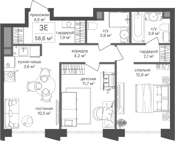 3-комн., 58.6 м², 18/20 этаж, ЖК «Михалковский»