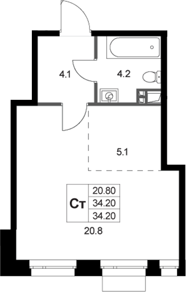 Студия, 34.2 м², 2/3 этаж, ЖК «Кореневский Форт 2.3»