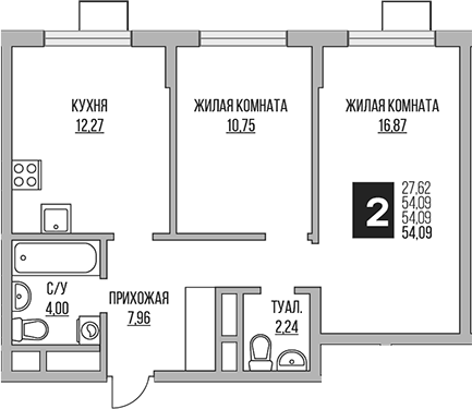 2-комн., 54.09 м², 6/12 этаж, ЖК «Гранель Мытищи»