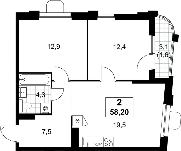 3-комн., 56.6 м², 12/16 этаж, ЖК «Прокшино»
