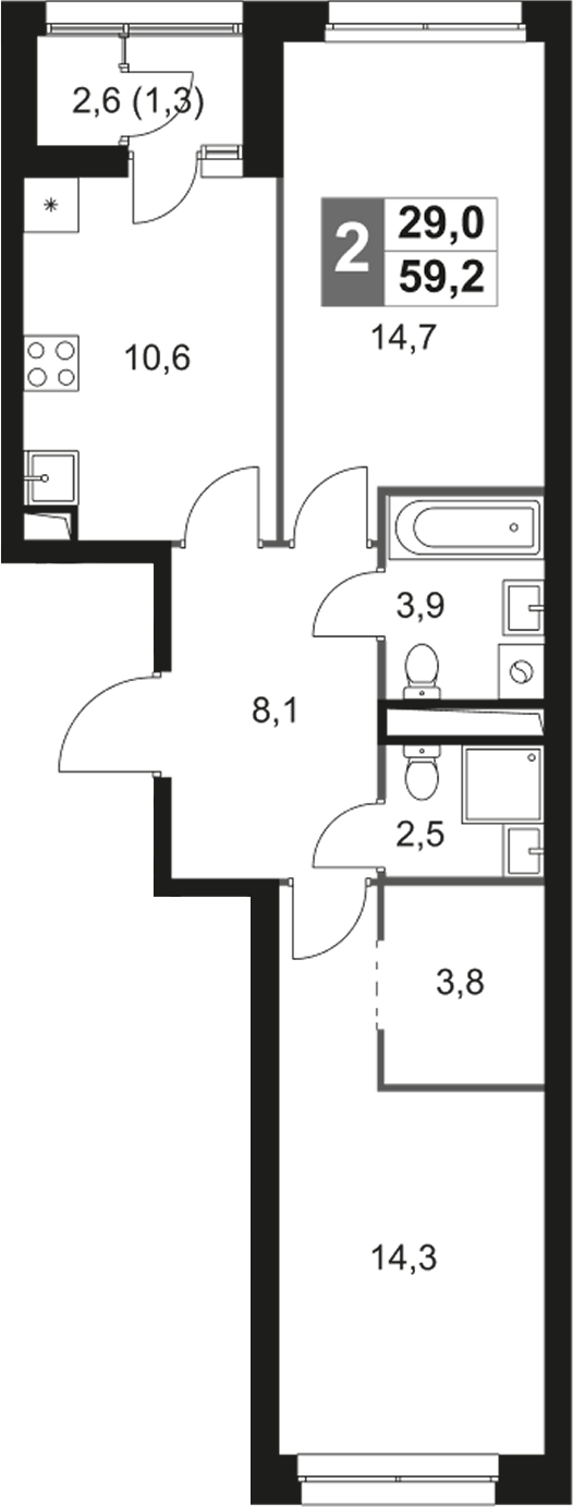 2-комн., 57.9 м², 30/31 этаж, ЖК «Скай Гарден»