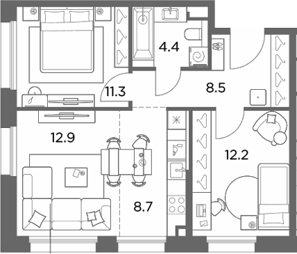 3-комн., 58 м², 5/6 этаж, ЖК «Станиславский»