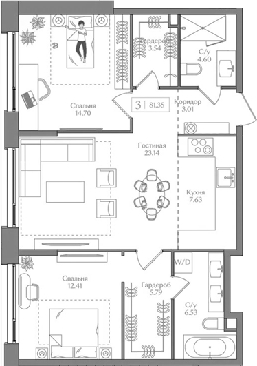 3-комн., 81.35 м², 15/16 этаж, ЖК «Преображенская площадь»