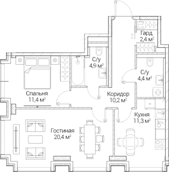 2-комн., 64.95 м², 6/6 этаж, ЖК «СЕЗАР БУДУЩЕЕ»