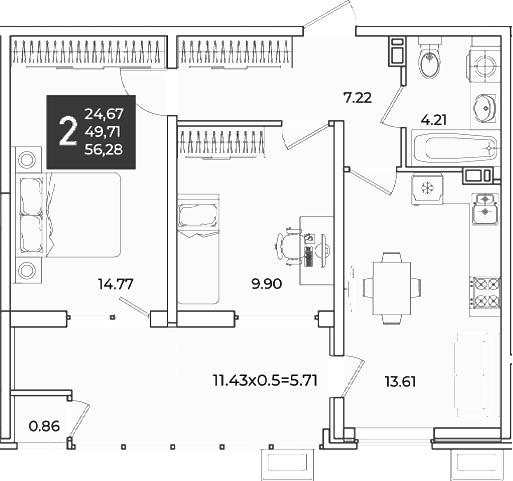 2-комн., 49.71 м², 6/18 этаж, ЖК «Образцово»