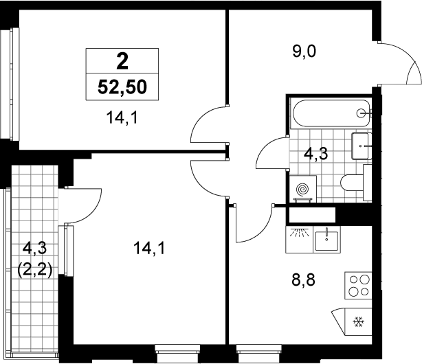 2-комн., 50.3 м², 4/12 этаж, ЖК «Деснаречье»