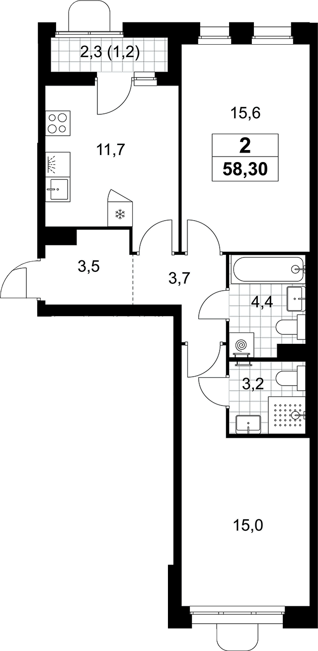 2-комн., 57.1 м², 10/10 этаж, ЖК «Прокшино»