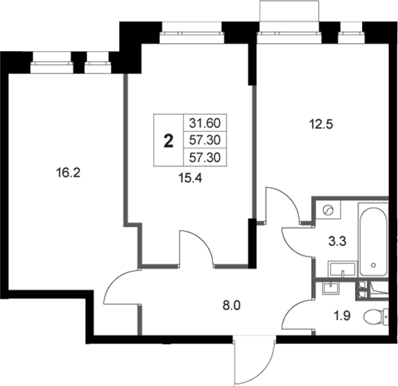 2-комн., 57.3 м², 2/3 этаж, ЖК «Кореневский Форт 2.3»
