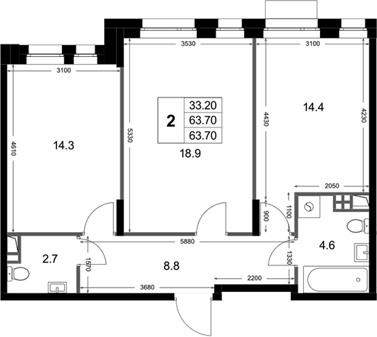 2-комн., 63.7 м², 2/3 этаж, ЖК «Кореневский Форт 2.3»